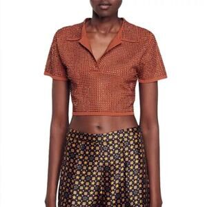 SANDRO Vierge Embellished Polo in Brown Crop Size Large